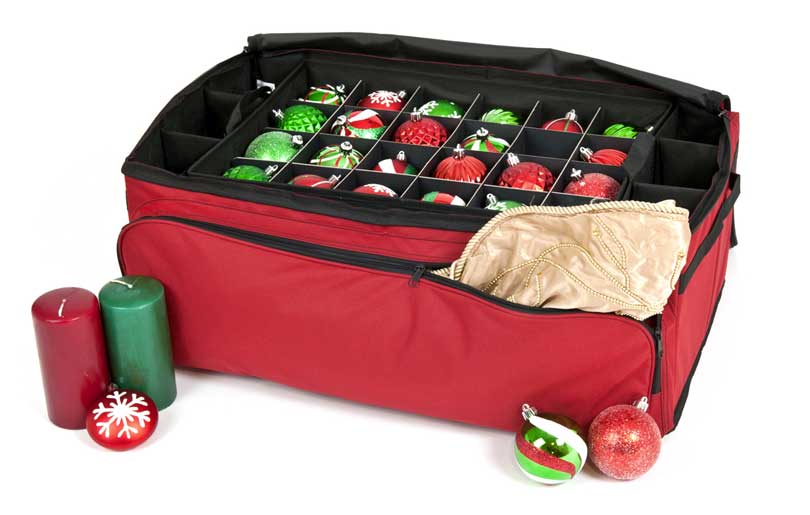 red fabric Christmas ornament storage box
