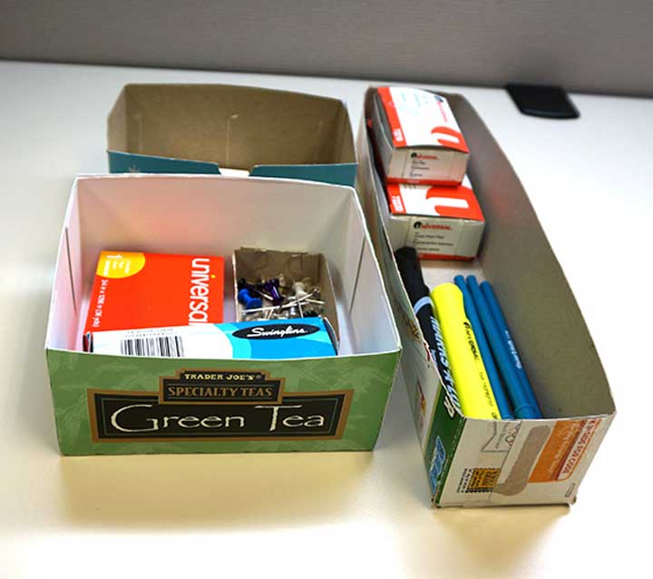 tea boxes repurposed as drawer dividers