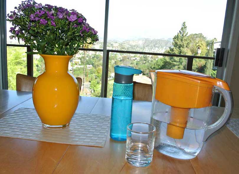 water filter pitcher on table with flowers