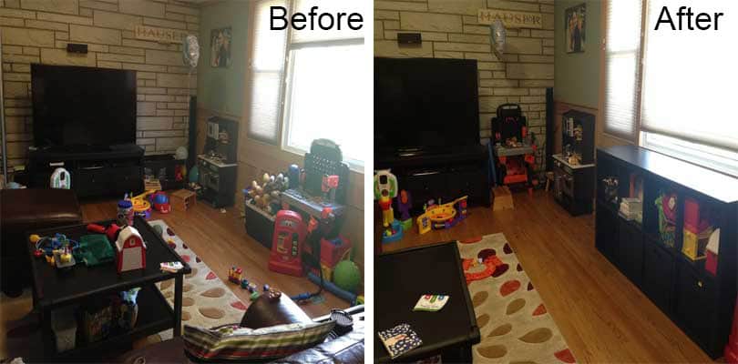 living room toy organization project before and after