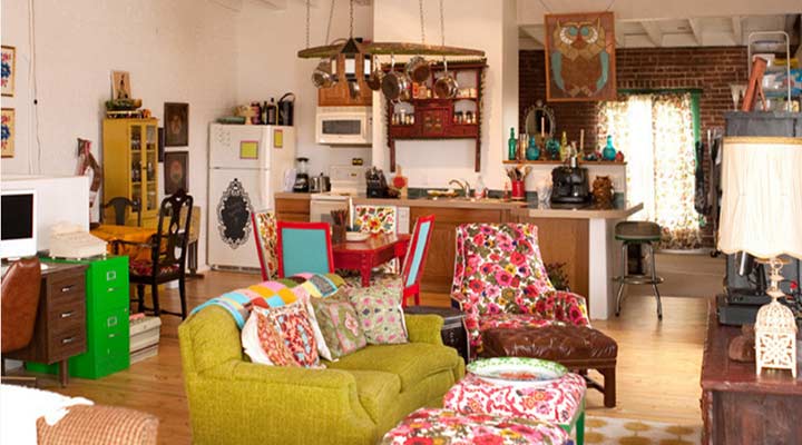 loft open room decorated with a hodge podge of vintage finds