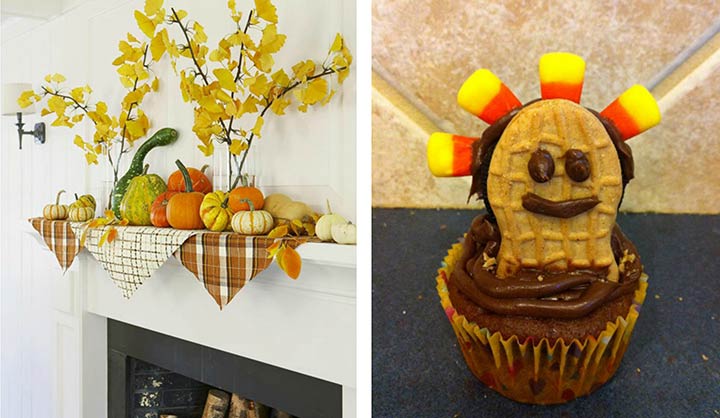 two photos showing fall decor on the mantle with yellow ginko tree leaves in vases on a mantle and Nutter Butter cookies decorated with faces and candy corn