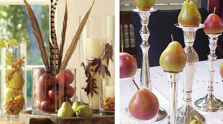 two table decoration images side by side showing pears used for table decorations in vases with feathers and on top of crystal candlesticks