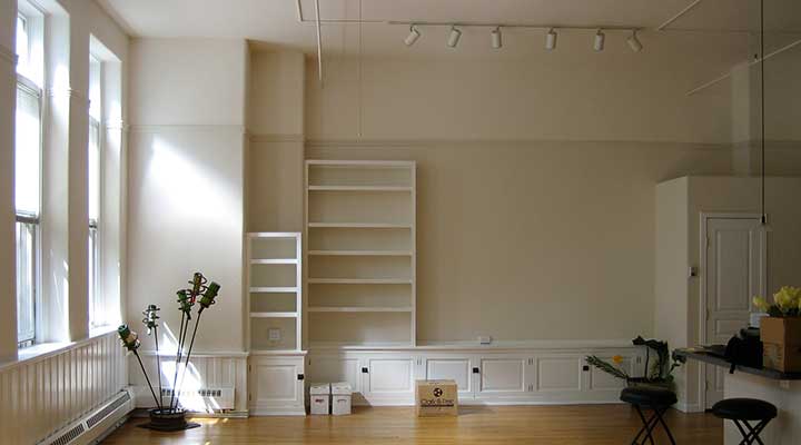 empty denver apartment with builtin shelves and storage