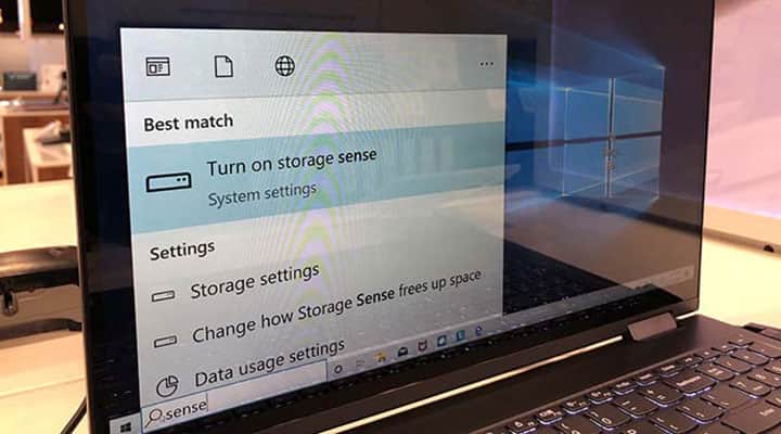 laptop screen closeup of windows storage sense program