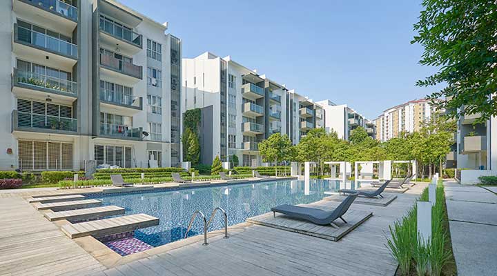 view of pool in a community of condos