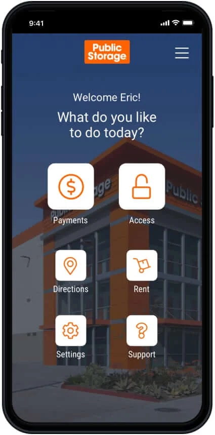 Public Storage app welcome screen