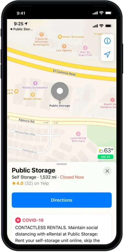 Public Storage app directions screen