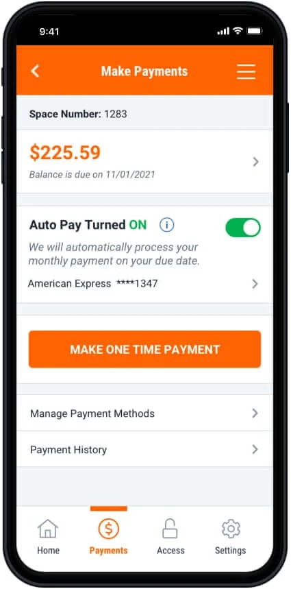 Public Storage app payment screen