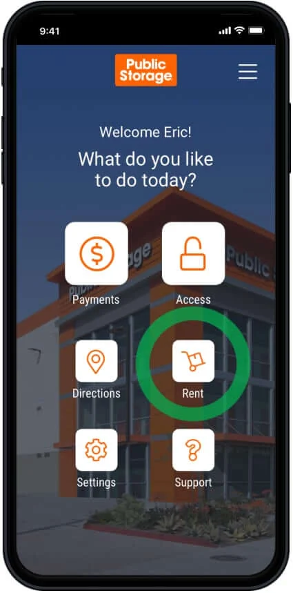 Public Storage app rent screen