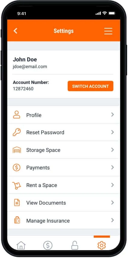 Public Storage app account settings screen